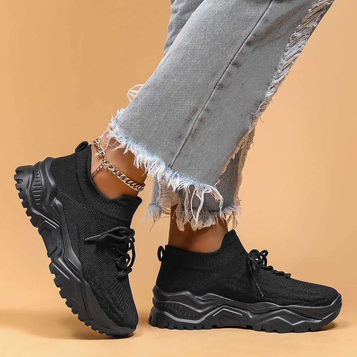 Women's Nyvelle Knit Sock Sneakers - Breathable Lace-Up Mesh Shoes with Chunky Ridged Sole (US 4-11)