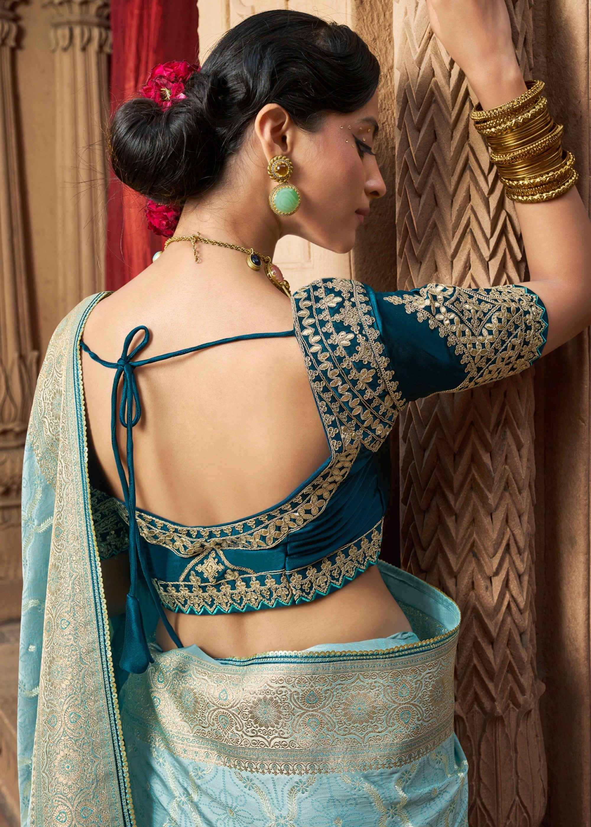 Sky Blue Satin Silk Saree With Beautiful Lace Border And Heavy Designer Embroidered Blouse - qivii