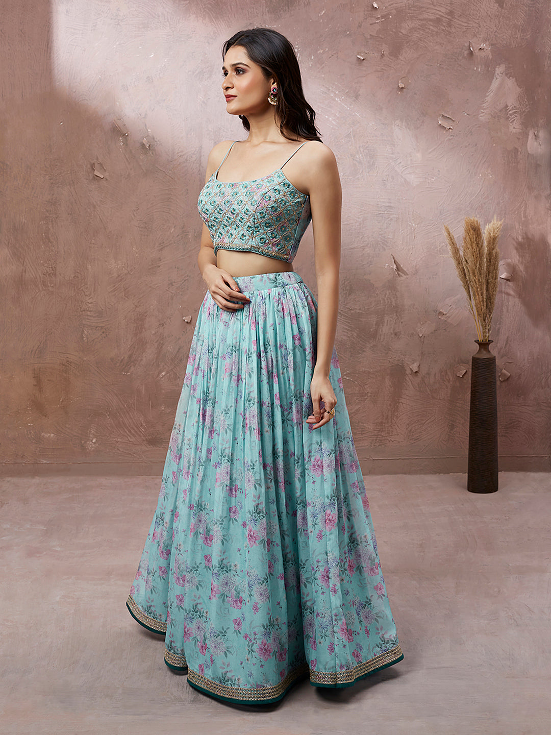 Turquoise Blue Organza Floral Printed Stitched Lehenga choli - qivii