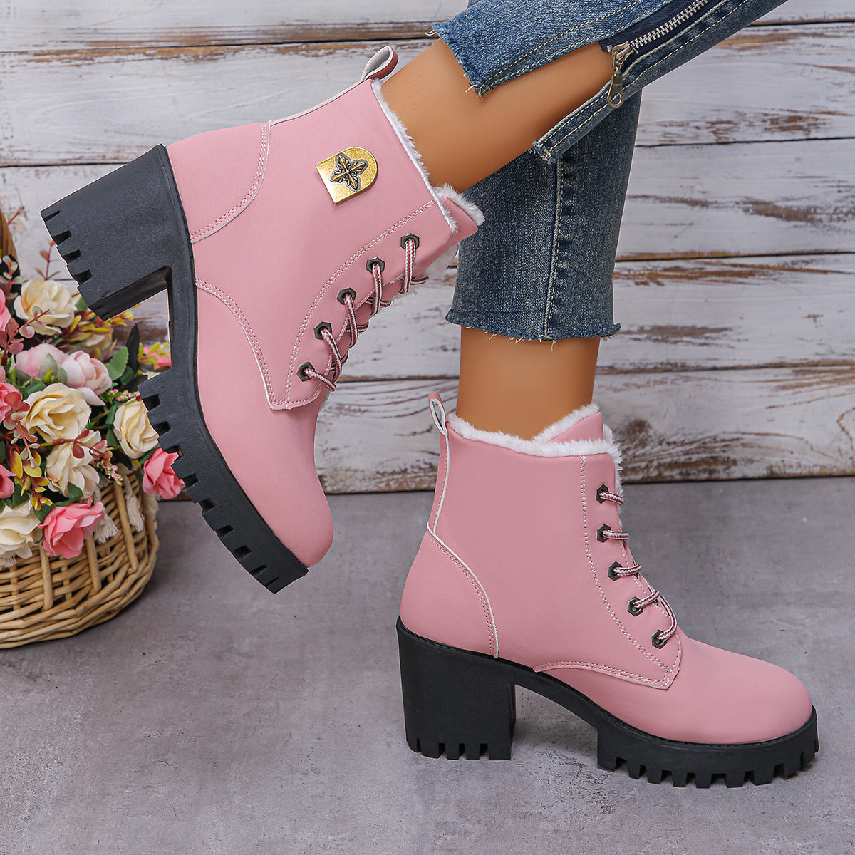 Women's Alpine Luxe Combat Boot - Chunky Sole Mid-Heel Weatherproof Ankle Boots with Faux Fur Lining & Classic Lace-Up Design (US 4-10)
