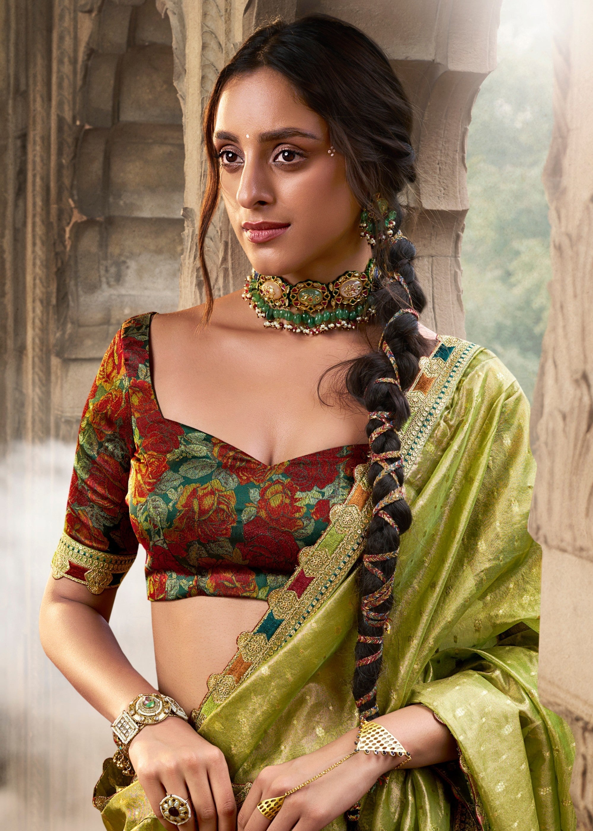 Apple Green Tissue Silk Saree With Multicolored Lace & Designer Blouse - qivii