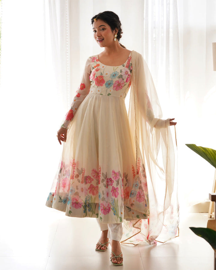 Off White Floral Print Organza Three Piece Anarkali Suit  - By Qivii