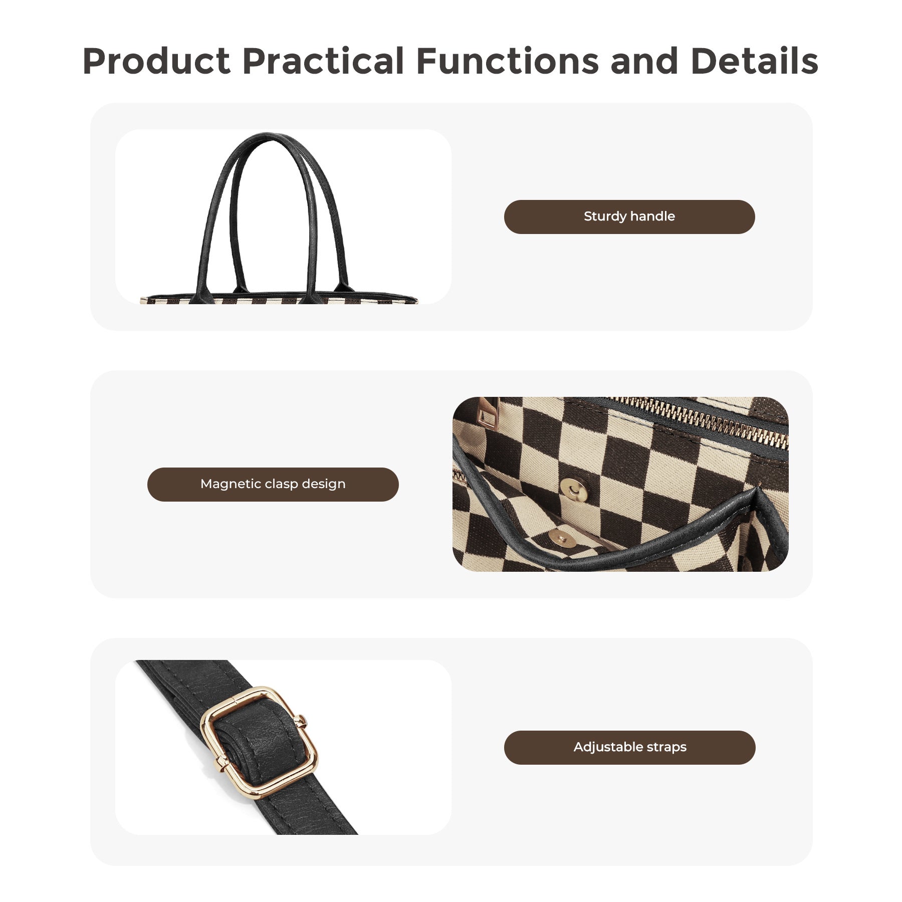 Ounamei Large Checkered Tote Bag for Women | Multi-Pocket Crossbody Shoulder Handbag for Work & Daily Use