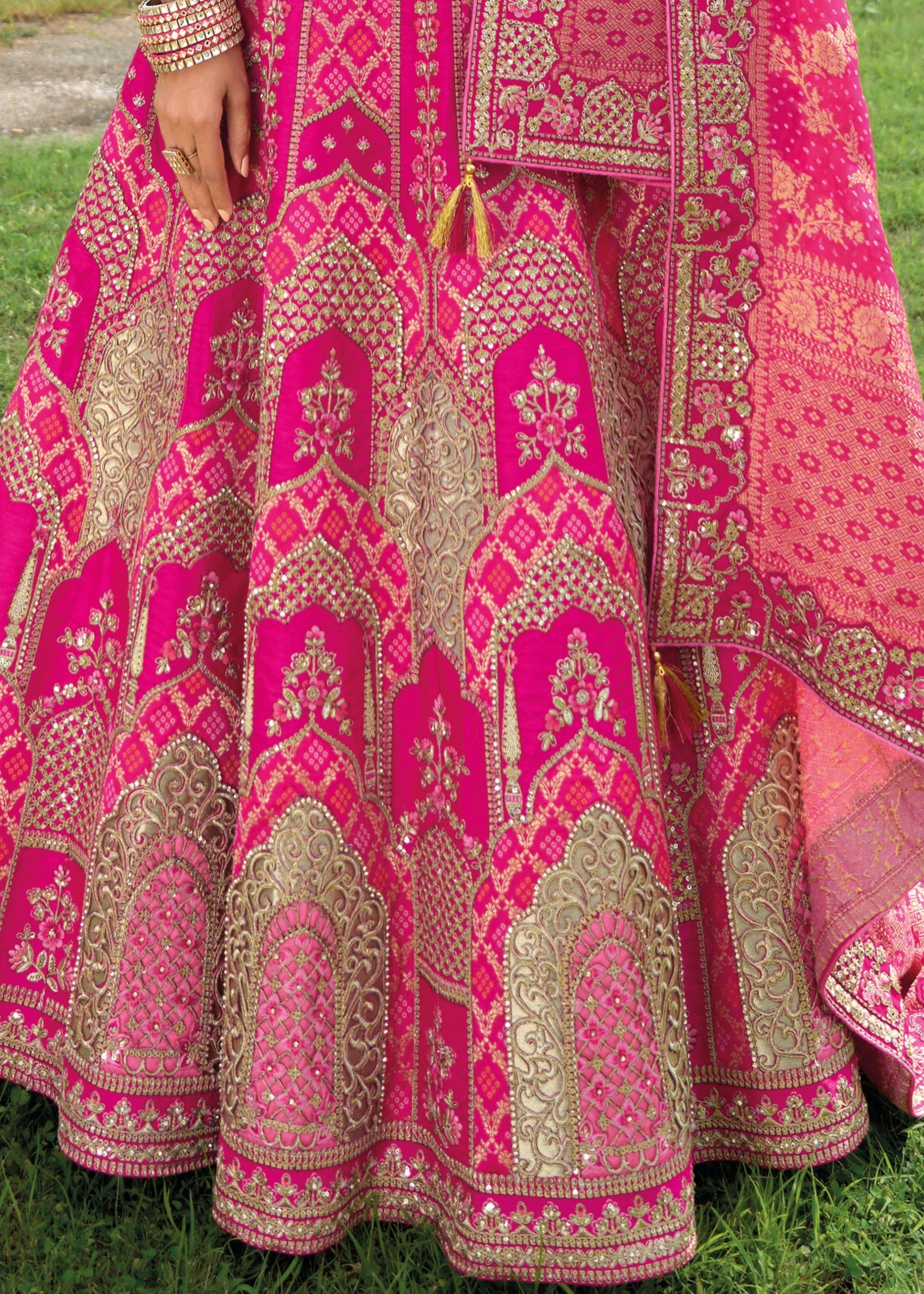 Rani Pink Banarasi Silk Lehenga With Heavy Embroidery Work - qivii