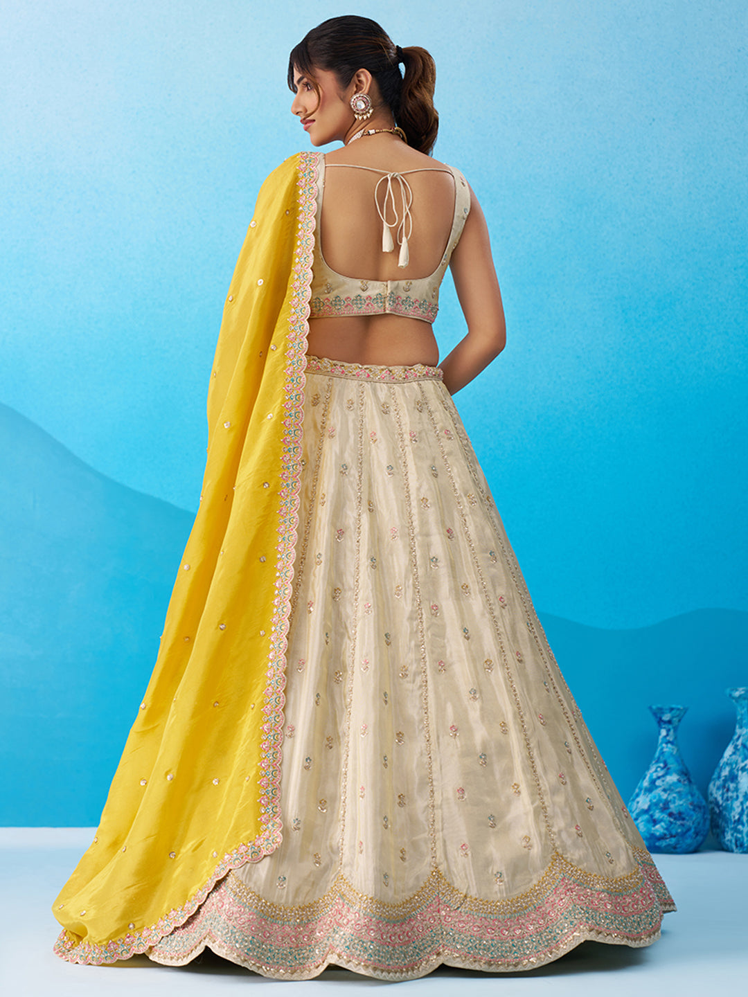Mustard Tissue Sequins Embroidered Lehenga Set