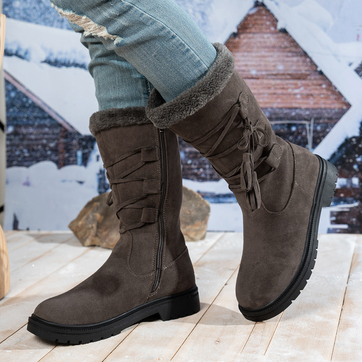 Women's Marlowe Fleece-Lined Mid-Calf Snow Boots - Lace-Up Winter Boots with Side Zip & Faux Fur Trim (US 5-10.5)