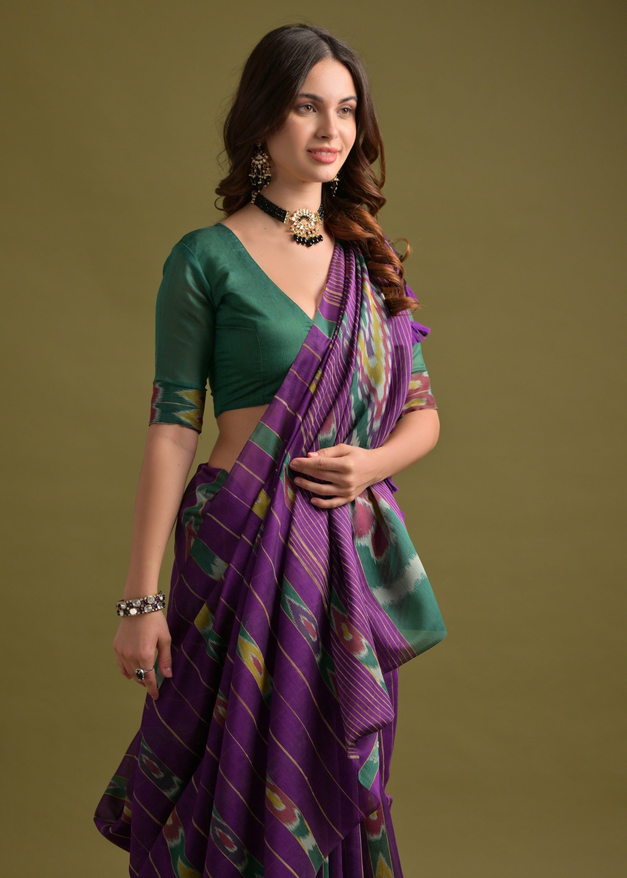 True Purple Soft Ikkat Cotton Printed Saree - qivii