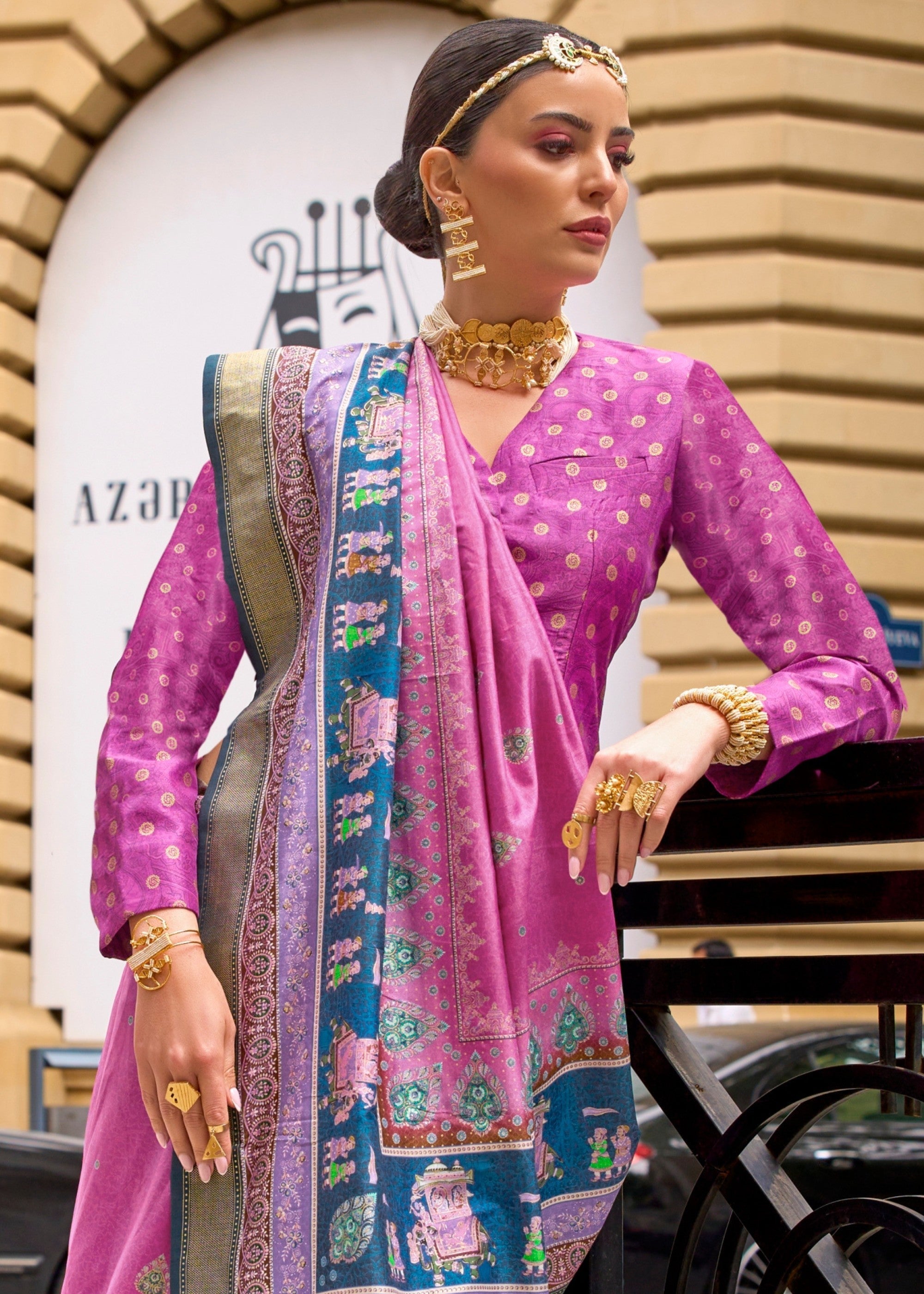 Shocking Pink Poly Viscose Silk Saree With Foil Print - qivii