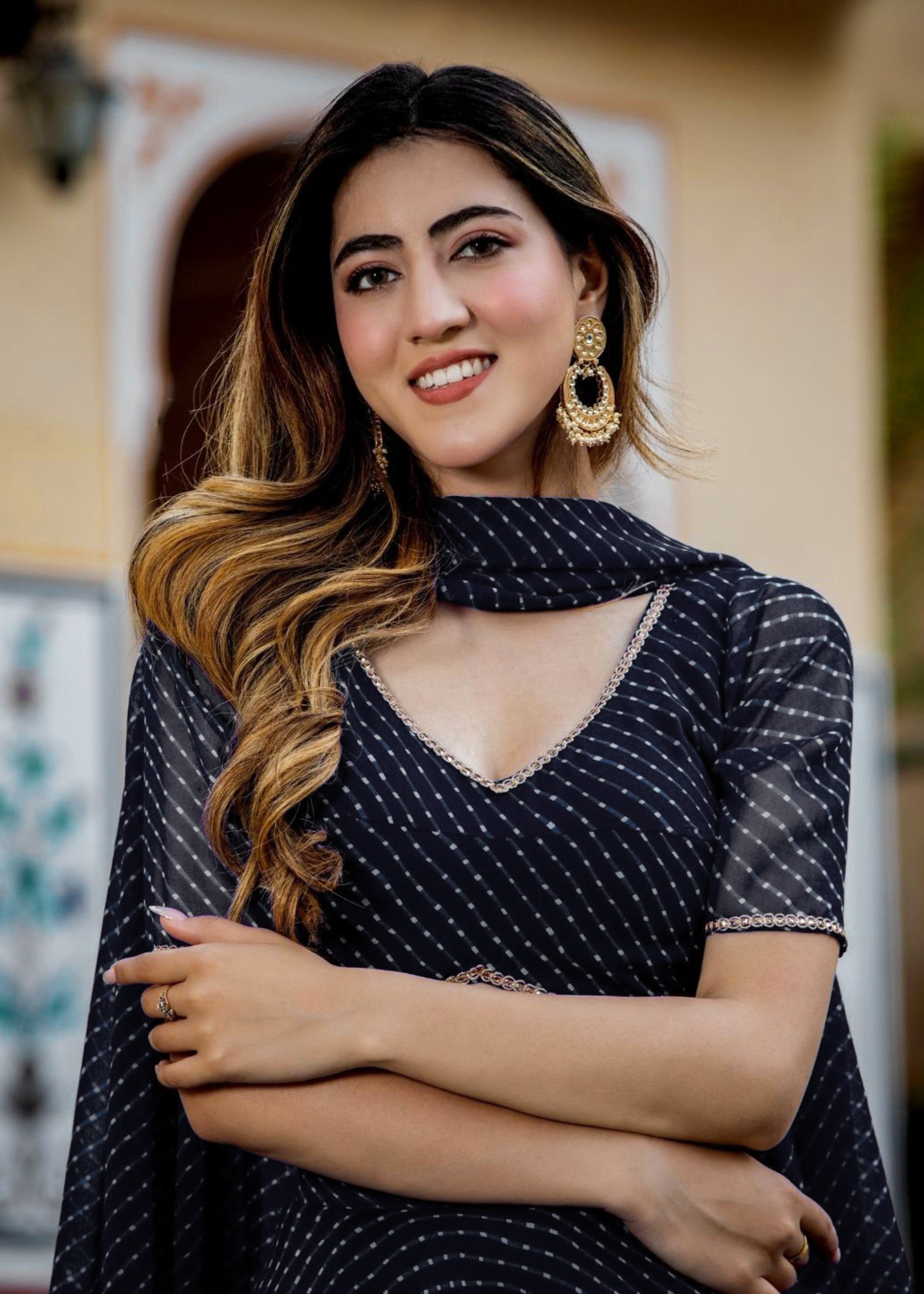 Onxy Black Georgette Leheriya Print Lehenga With Zari And Lace Work | Ready To Wear - qivii