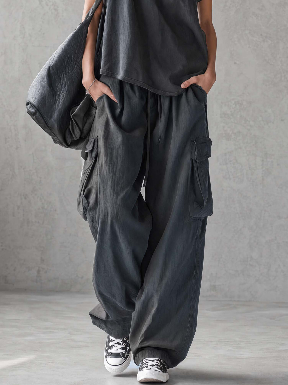 Exquisite Casual Workwear-inspired Dark Blue Cotton Off-the-shoulder Tank Top And Pants Set  - By Qivii