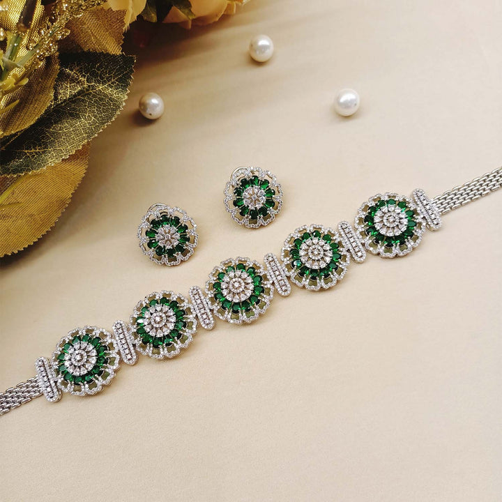 Neelofar Green Diamond Silver Plated Necklace Set