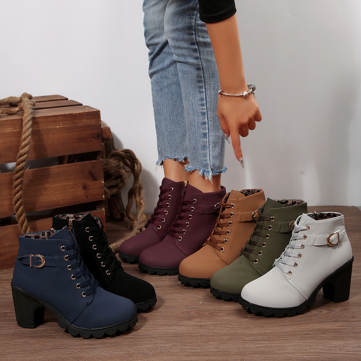 Women's Buckle Decorated Chunky Heel Ankle Boots - Side Zipper & Lace-Up Round Toe Mid-Calf Equestrian Boots (US 4-10)