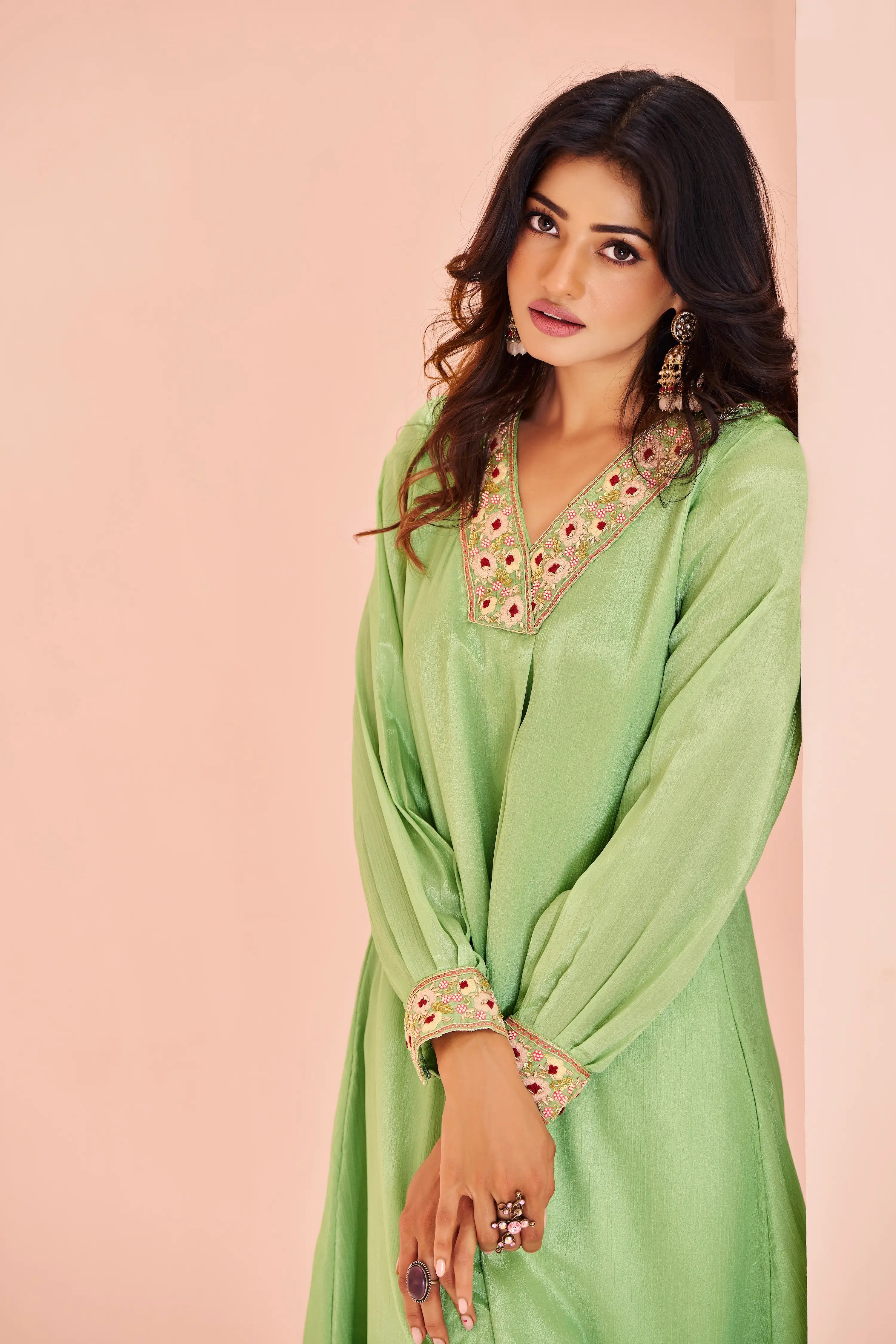 Pista Green Chinon Salwar Suit With Handwork - qivii
