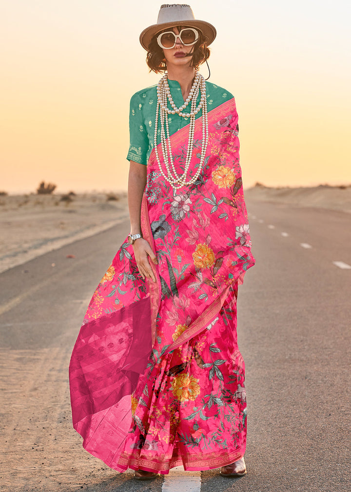 Hot Pink Woven Tussar Silk Saree