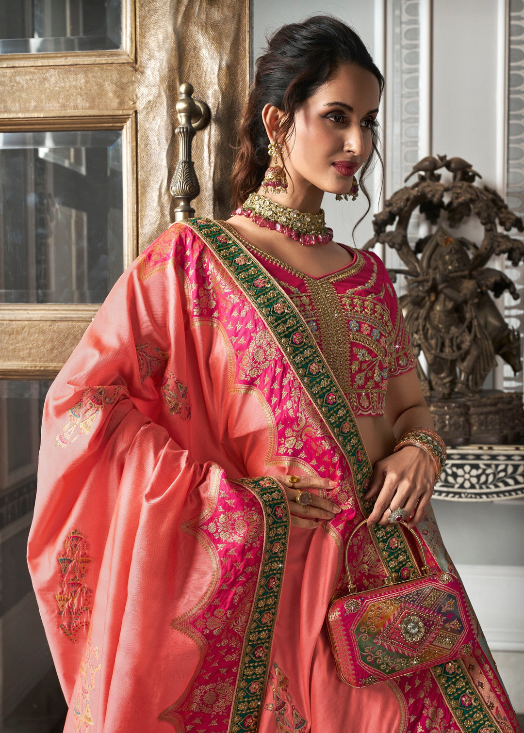 Peach & Pink Banarasi Silk Lehenga with Zarkan Codding work