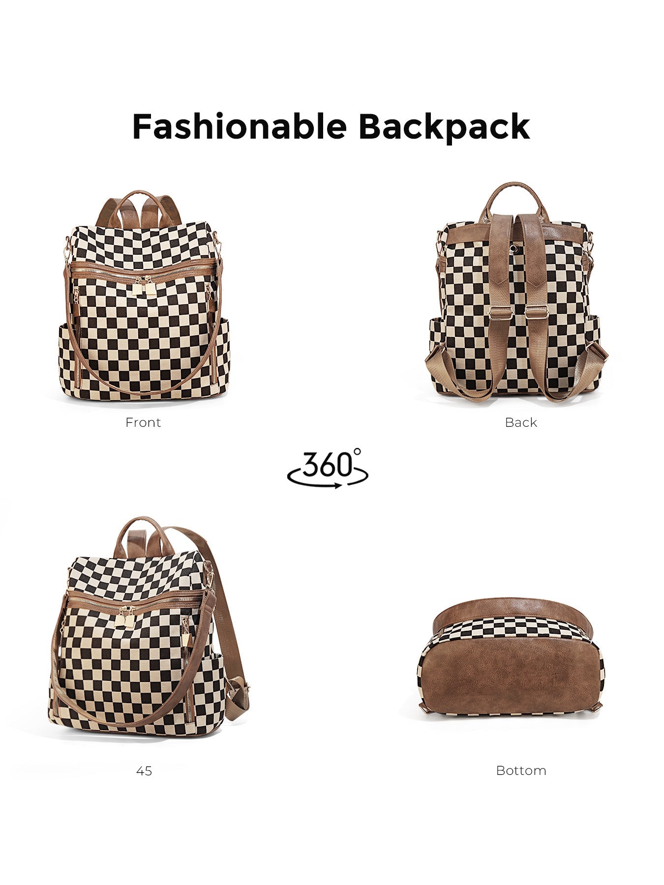 Ounamei Checkered Canvas Backpack Purse for Women with Matching Pouch | Large Capacity Travel & Daily Bag