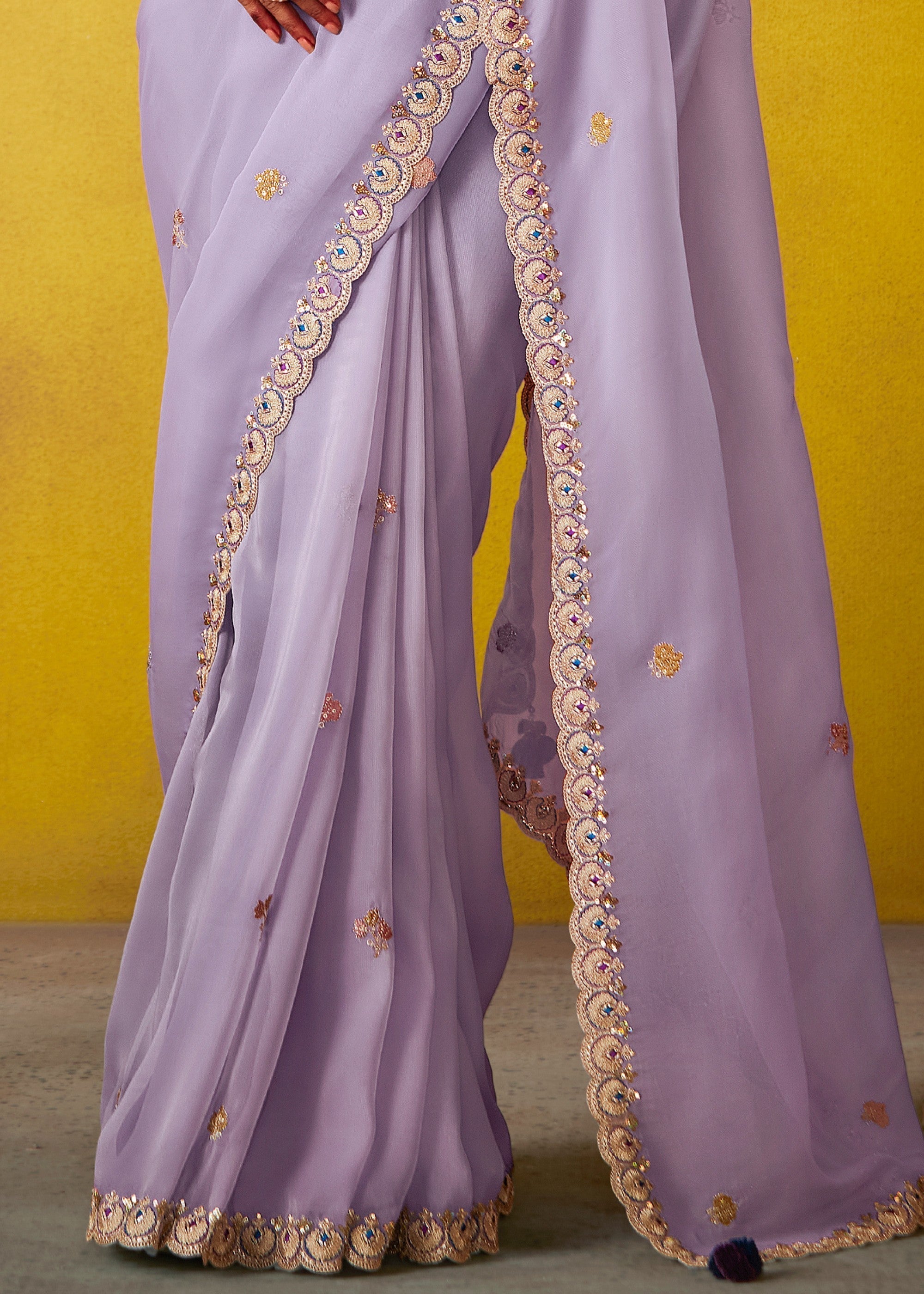 Mauve Purple Glass Tissue Silk Saree With Sequins And Thread Embroidered Work - qivii