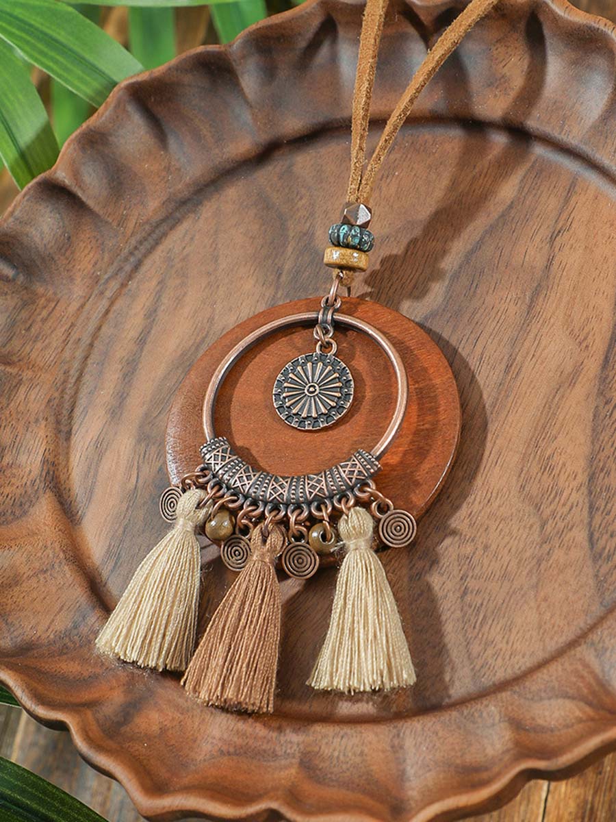 Vintage Distressed Bohemian Tassel Necklace Earrings Set  - By Qivii