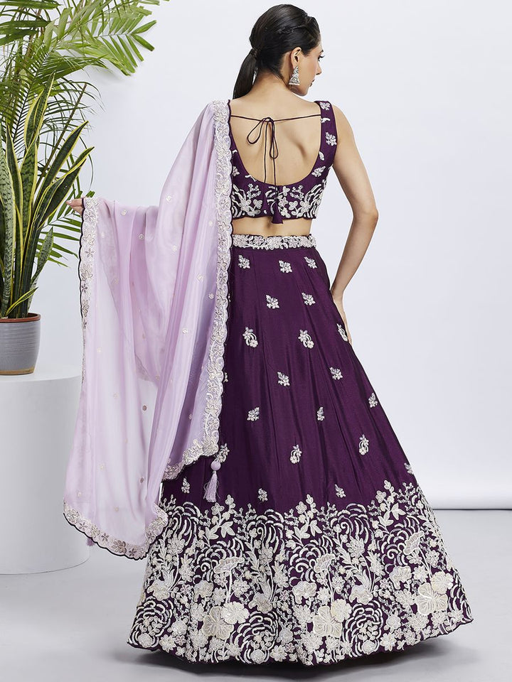 Purple - Pure Georgette White Sequin,White Thread Embroidered Semi-Stitched Lehenga choli