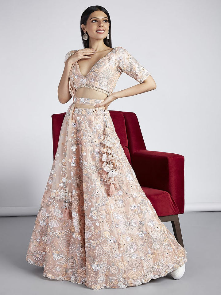 Peach Organza Sequins, Zarkan and thread embroidery Semi-Stitched Lehenga choli & Dupatta