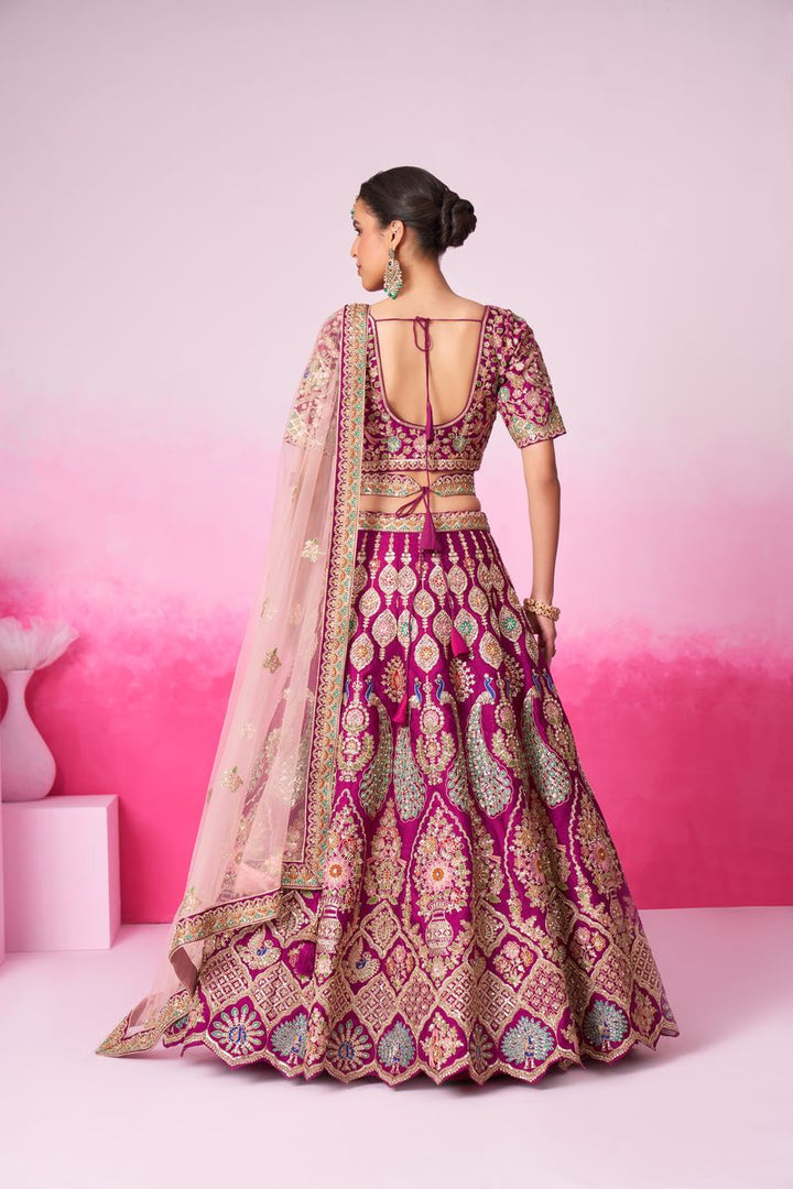 Burgundy - Pure Silk Fully Embroidered Using Moti,Sequin & Multicolor Thread Bridal Semi Stitched Lehenga with Double Dupatta