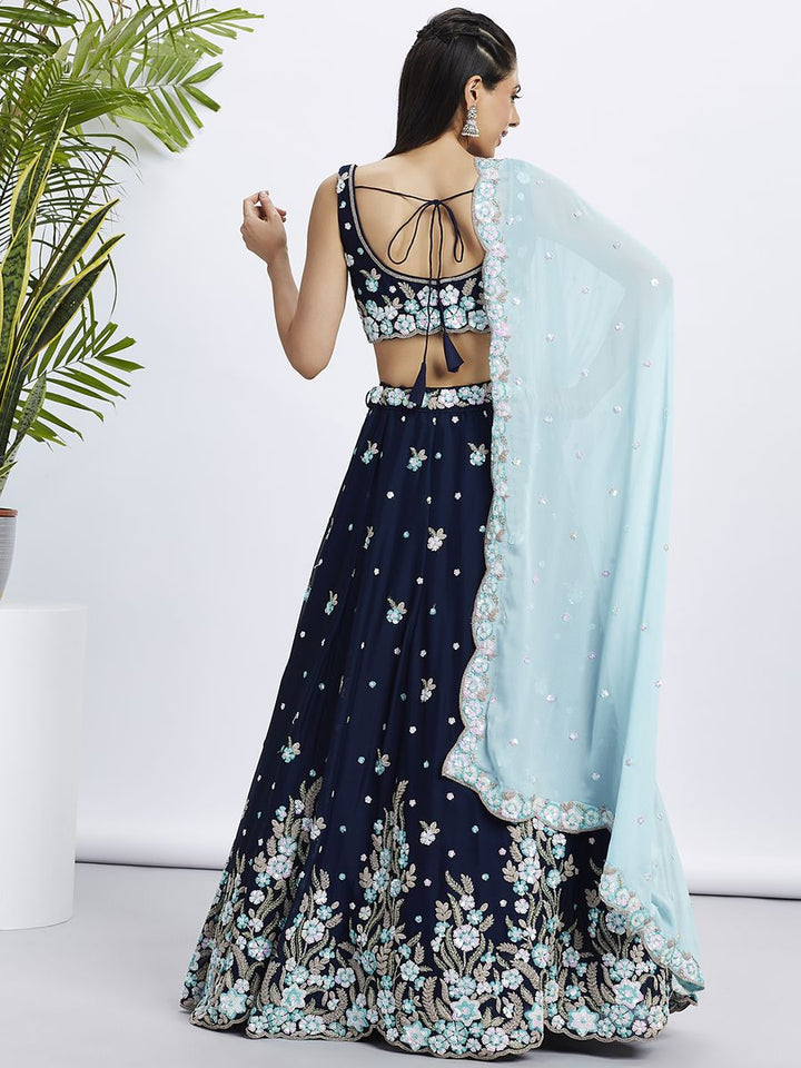 Navy Blue - Pure Georgette Different Color Sequined,Thread,Coding Embroidered Semi-Stitched Lehenga choli