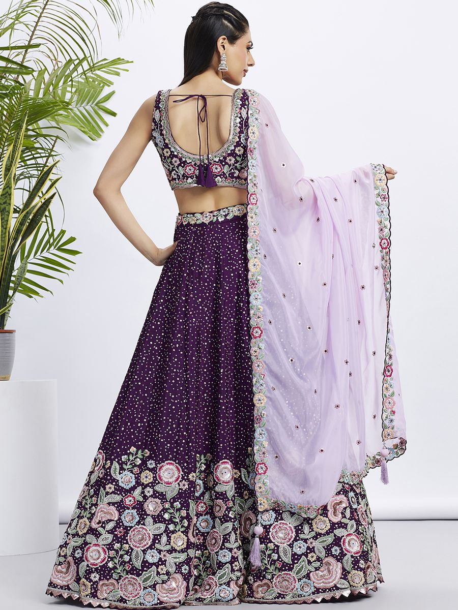 Purple - Chiffon Multi-Color Thread,Sequin Heavy Embroidered Semi-Stitched Lehenga