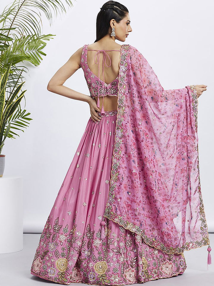 Pink Chiffon Sequins and thread embroidery Semi-Stitched Lehenga choli & Printed Dupatta