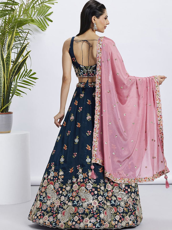 Navyblue - Golden Sequined & Multi-Color Thread Embroidered Organza Semi-Stitched Lehenga choli