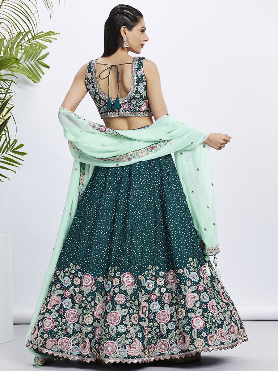 Green - Chiffon Multi-Color Thread,Sequin Heavy Embroidered Semi-Stitched Lehenga