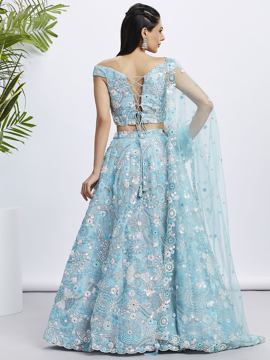 Sky blue Organza Sequins, Zarkan and thread embroidery Semi-Stitched Lehenga choli & Dupatta