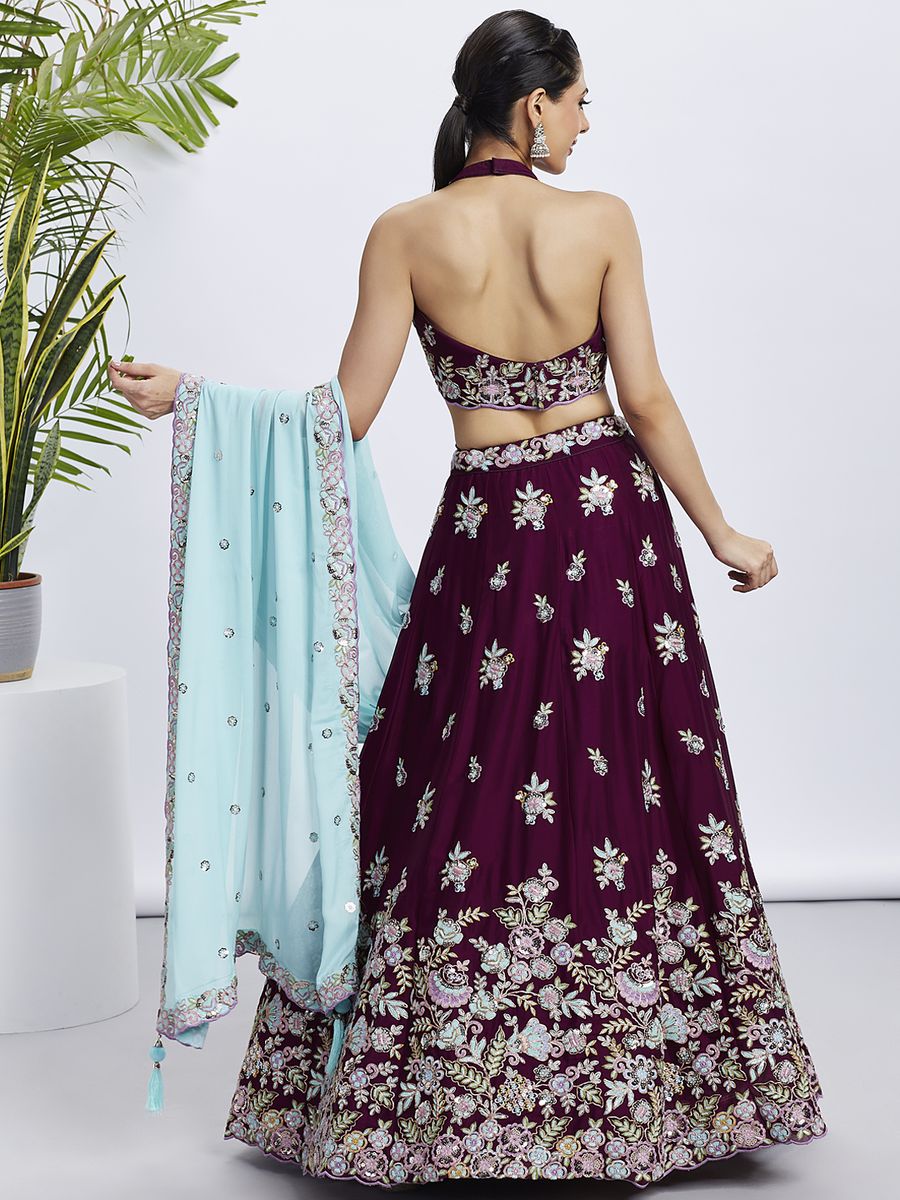 Burgundy - Multi Color Sequined & Thread Embroidered Pure Georgette Semi-Stitched Lehenga choli