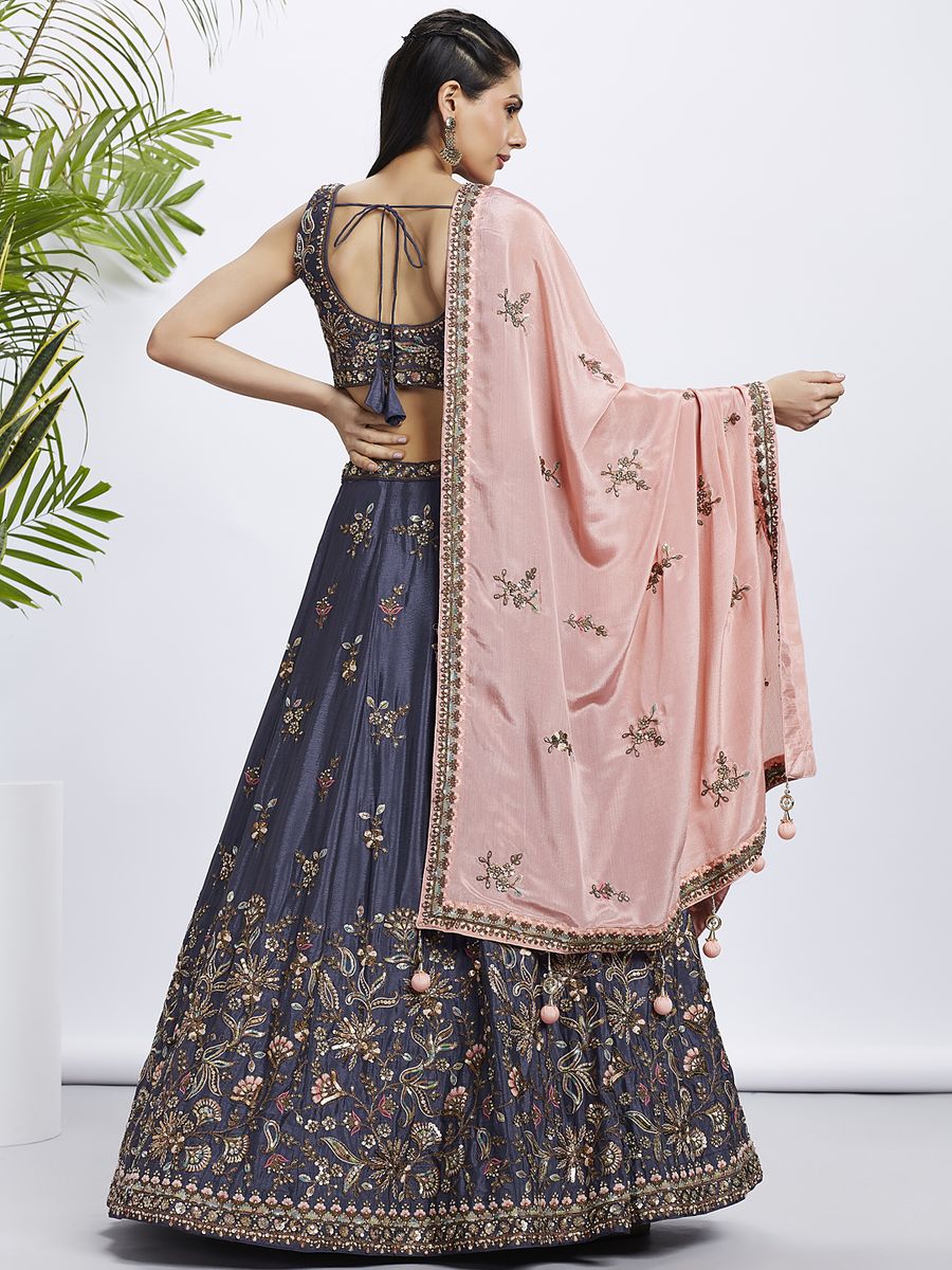 Beautiful Violet Pure Chiffon Lehenga Choli with Sequins and Thread Embroidery