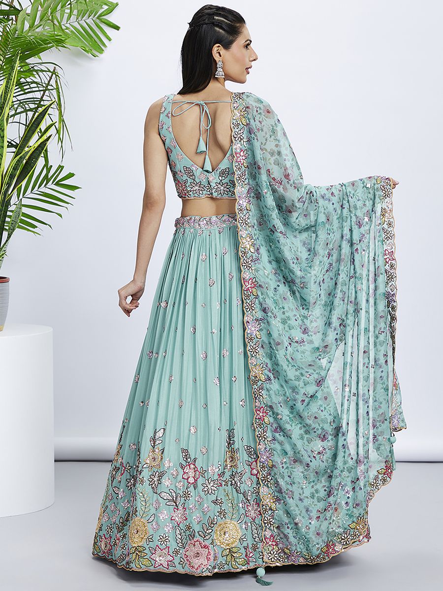 Turquoise blue Chiffon Sequins and thread embroidery Semi-Stitched Lehenga choli & Printed Dupatta