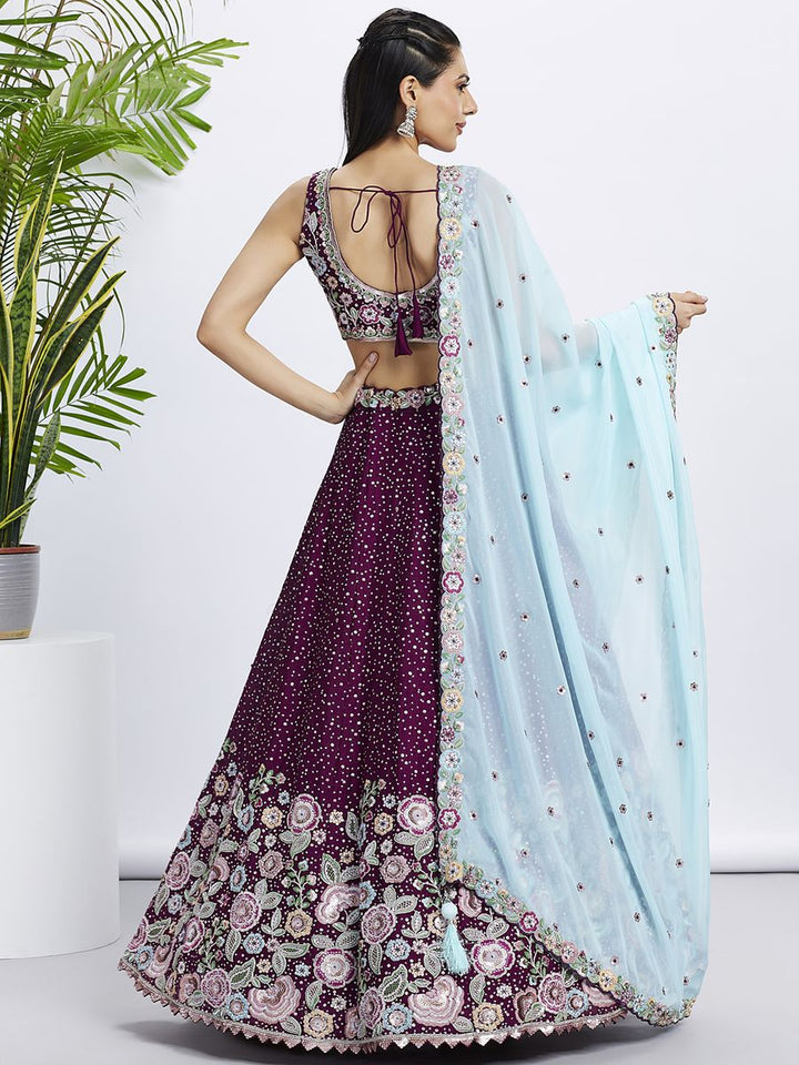 Semi-stitched lehenga with detailed embroidery in rich burgundy color