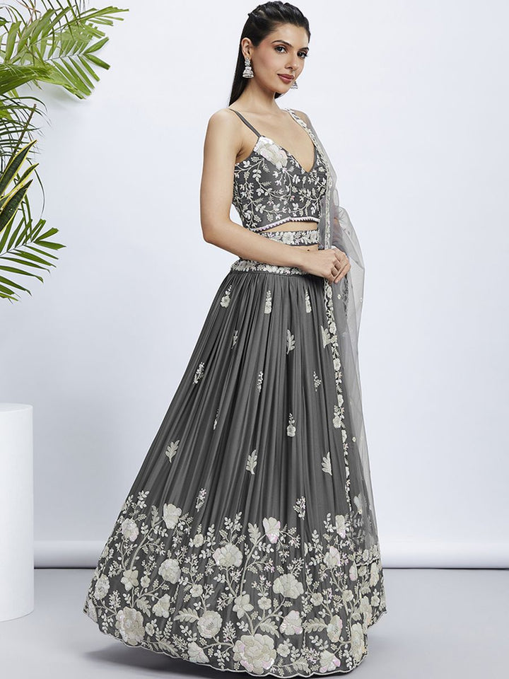 Grey Pure Georgette Sequins and thread embroidery Semi-Stitched Lehenga choli & Dupatta