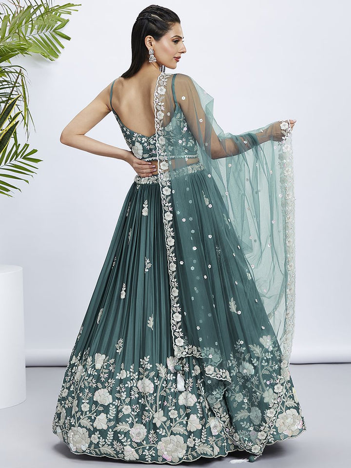 Turquoise blue Pure Georgette Sequins and thread embroidery Semi-Stitched Lehenga choli & Dupatta