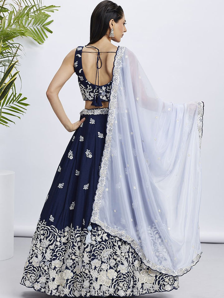 Navy Blue - Pure Georgette White Sequin,White Thread Embroidered Semi-Stitched Lehenga choli