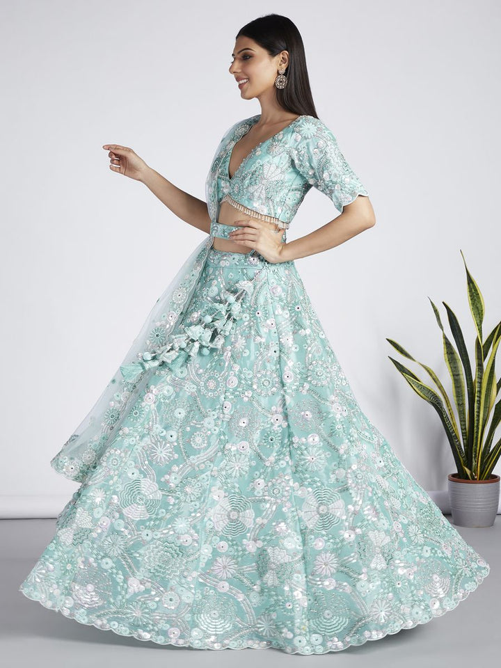 Turquoise blue Organza Sequins, Zarkan and thread embroidery Semi-Stitched Lehenga choli & Dupatta