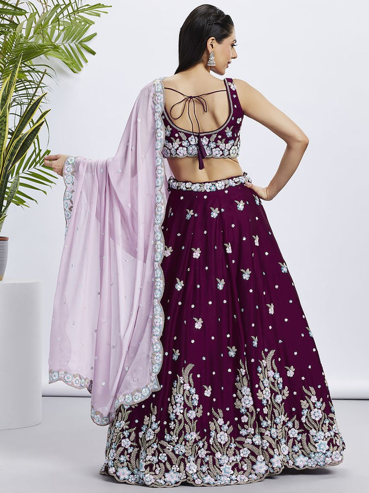 Burgundy - Pure Georgette Different Color Sequined,Thread,Coding Embroidered Semi-Stitched Lehenga choli