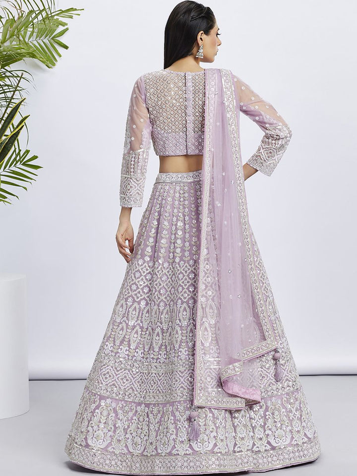 Lavender - White Color Sequined & Heavy Embroidered Net Semi-Stitched Lehenga choli