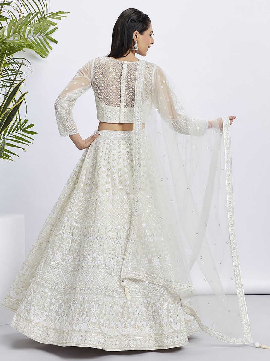 Semi-stitched Cream White Color Sequined Net Lehenga Choli with Heavy Embroidery