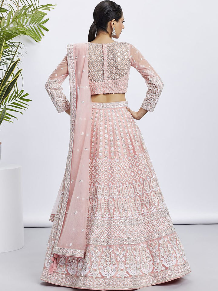 Peach - White Color Sequined & Heavy Embroidered Net Semi-Stitched Lehenga choli