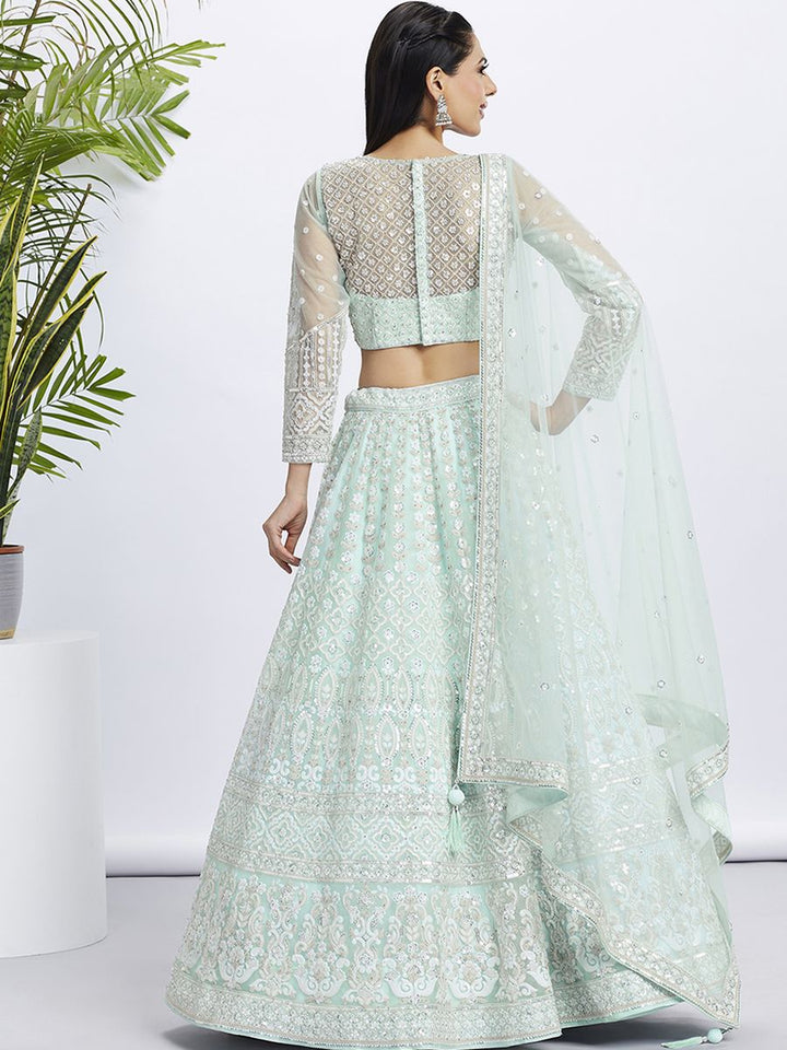 Turquoise Blue - White Color Sequined & Heavy Embroidered Net Semi-Stitched Lehenga choli