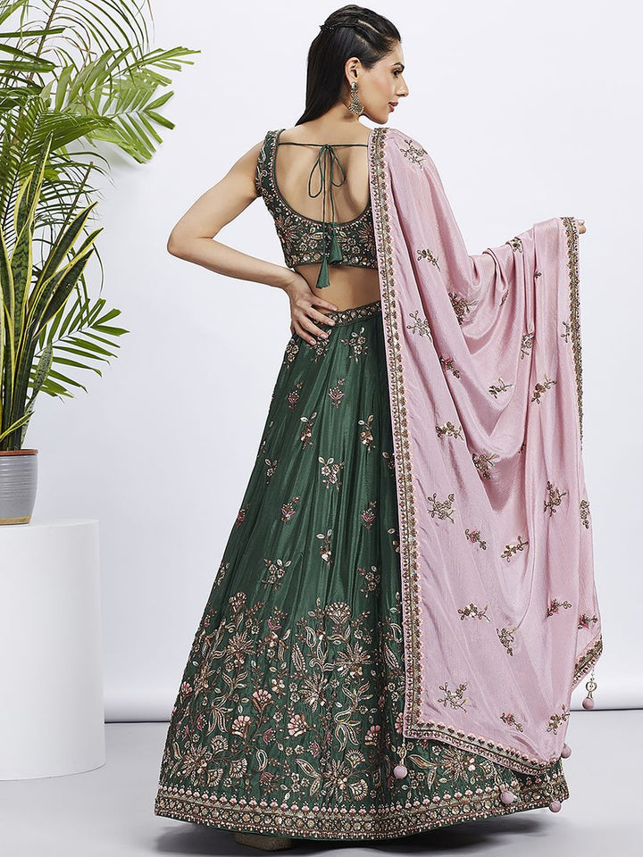 Green Pure Chiffon Sequins and thread embroidery Semi-Stitched Lehenga choli & Dupatta