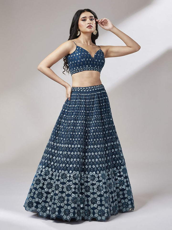 Exquisite navy blue semi-stitched lehenga choli with heavy sequins embroidery