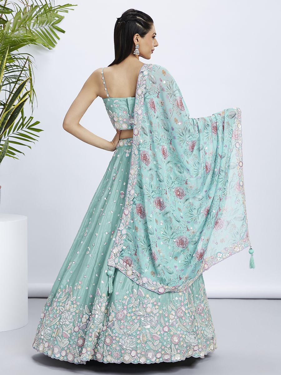 Sea green Chiffon Sequins and thread embroidery Semi-Stitched Lehenga choli & Dupatta