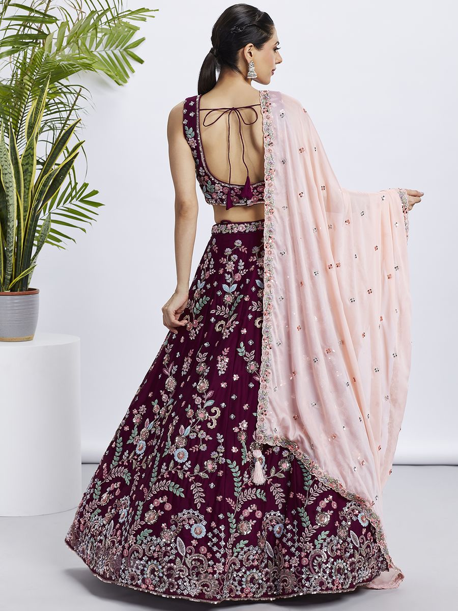 Burgundy - Pure Georgette Golden Sequined, Multi-Color Thread & Zarkan Embroidered Semi-Stitched Lehenga choli