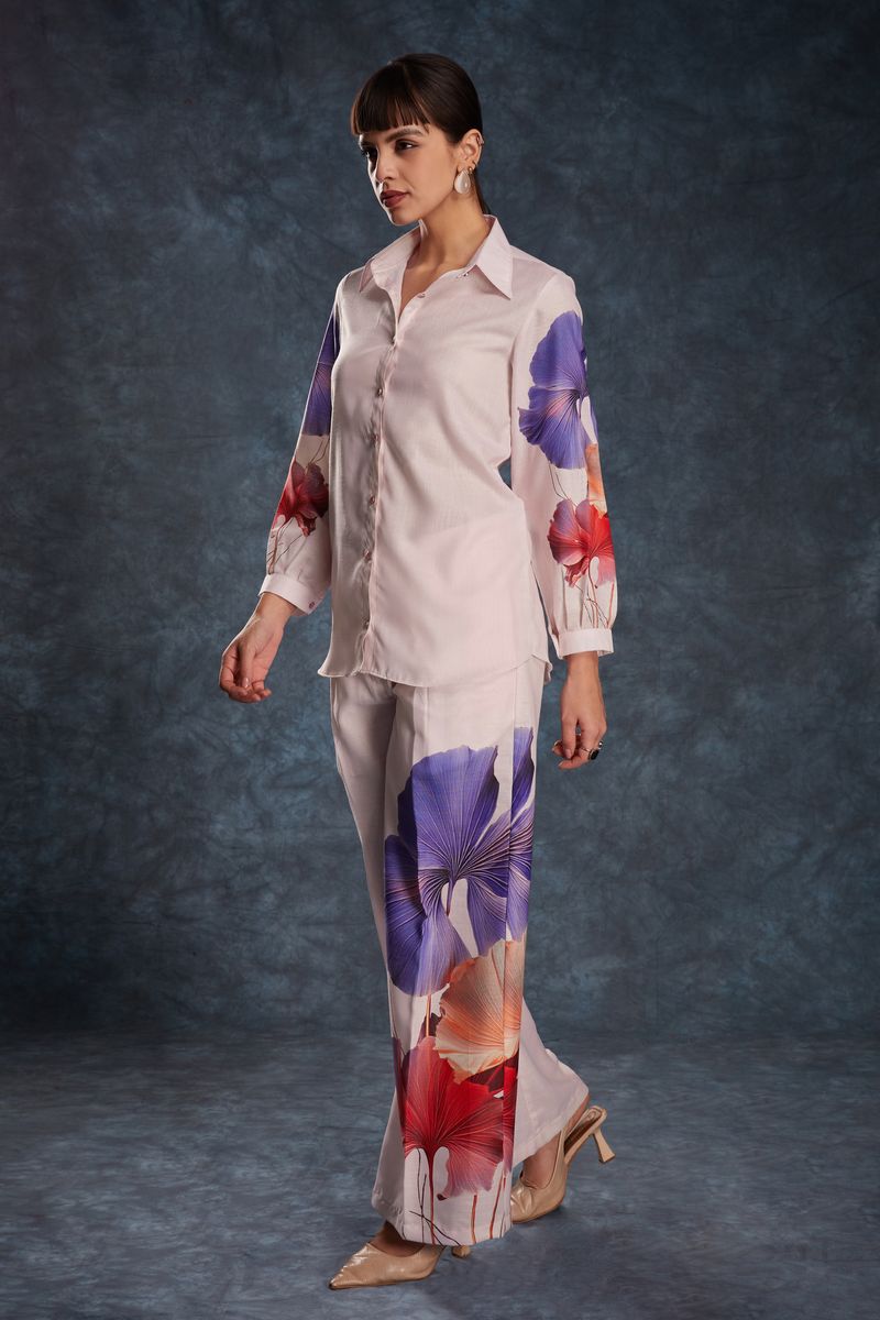 LIGHT PINK LINEN PRINTED TOP,PANT CO-ORD SET - qivii