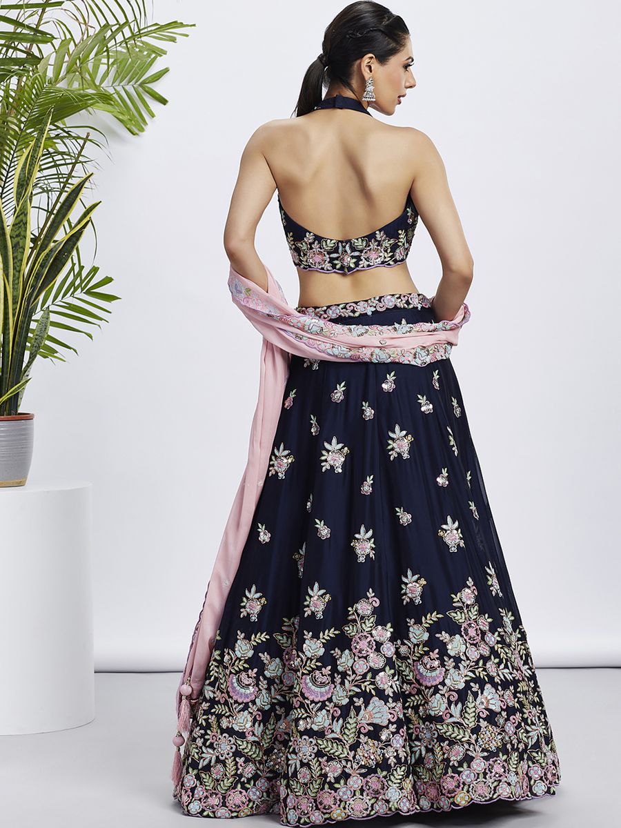 Navy Blue - Multi Color Sequined & Thread Embroidered Pure Georgette Semi-Stitched Lehenga choli